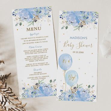 Modern Chic Blue Floral Balloons Baby Shower Menu