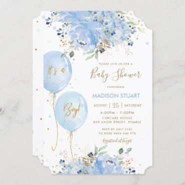 Modern Chic Blue Floral Balloons Boy Baby Shower I Invitation