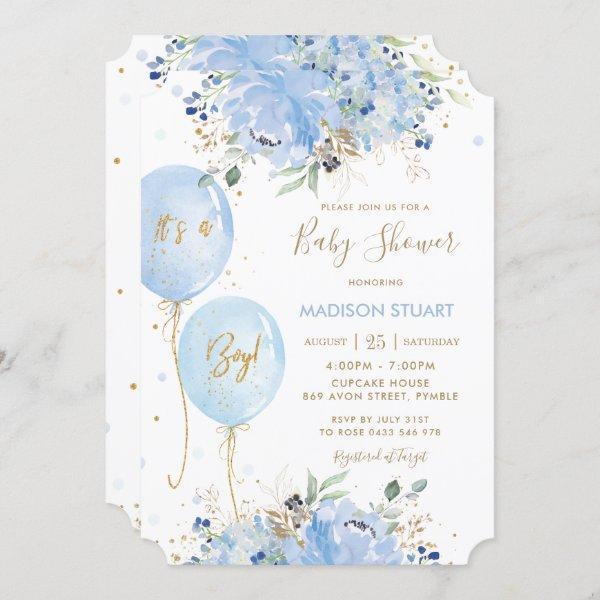 Modern Chic Blue Floral Balloons Boy Baby Shower I
