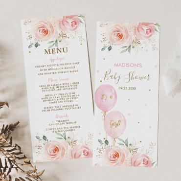 Modern Chic Blush Floral Balloons Baby Shower Menu