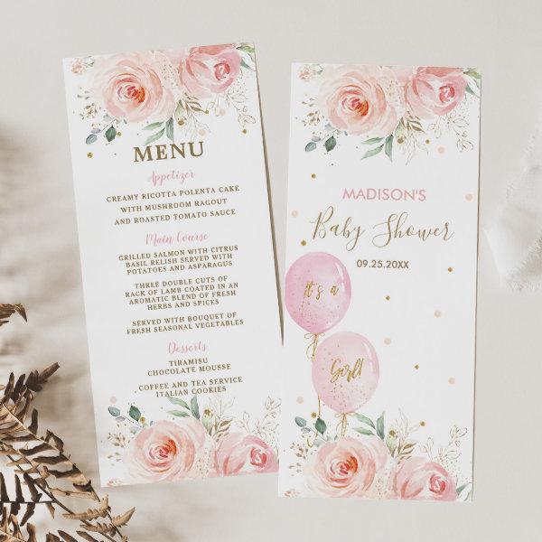 Modern Chic Blush Floral Balloons Baby Shower Menu