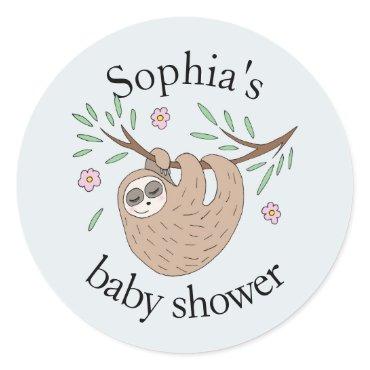 Modern Cute Sleeping Sloth Animal Name Baby Shower Classic Round Sticker