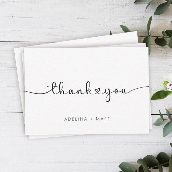 Modern Elegant Simple Hearts Script Wedding Thank You Card
