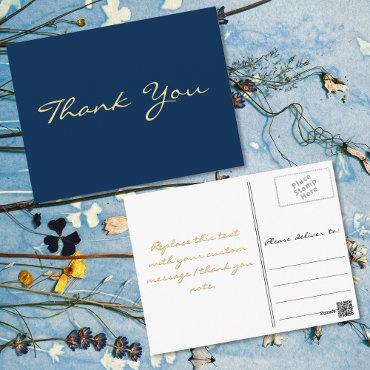 Modern Faux Gold Script Blue Graduation Thank You Postcard