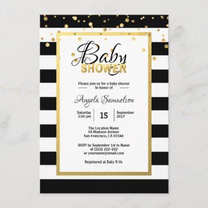 Modern Gold Black White Stripes Baby Shower Invitation