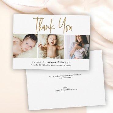 Modern Gold Script Custom 3 photo Baby Thank You Card