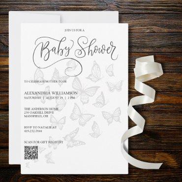Modern Gray Butterflies Baby Shower QR Code