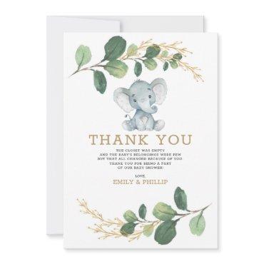 Modern Greenery Gold Elephant Neutral Baby Shower Thank You Card