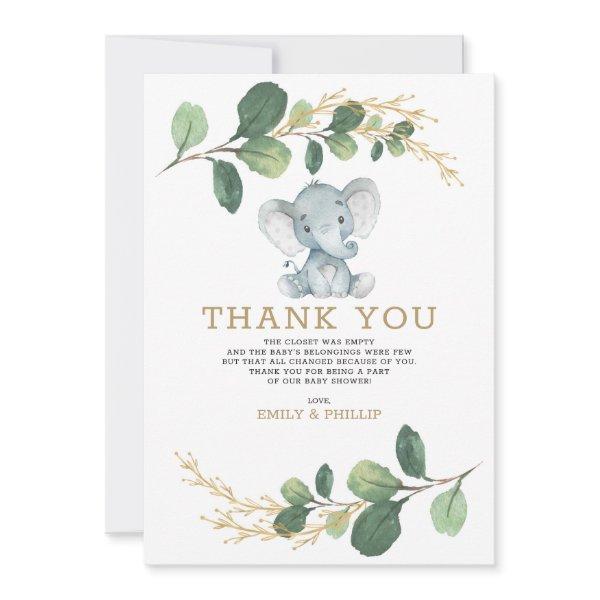 Modern Greenery Gold Elephant Neutral Baby Shower Thank You Card