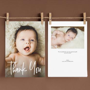 Modern Handlettering Custom 2 Photos Baby Shower  Thank You Card