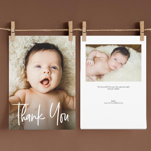 Modern Handlettering Custom 2 Photos Baby Shower  Thank You Card