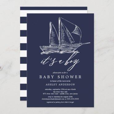 Modern It's a Boy Sailboat Baby Shower Invitation