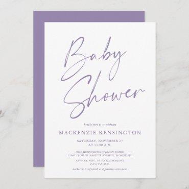 Modern Lavender Purple Simple Script Baby Shower Invitation