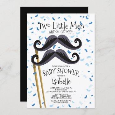 Modern  Little Men Mustache Twins Baby Shower Invitation