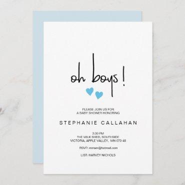 Modern oh boys twin baby shower invite blue hearts