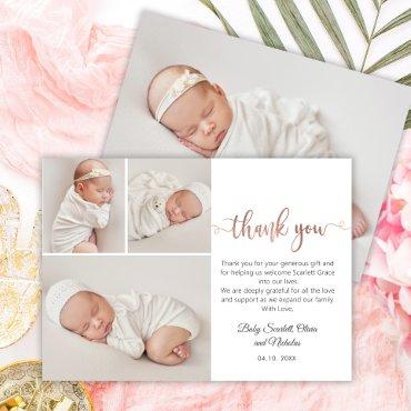 Modern Rose Gold Script Baby 3 Photo Collage Thank You Card