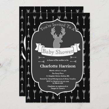 Modern Rustic Black & White Deer Baby Shower Invitation