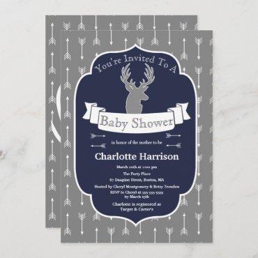 Modern Rustic Gray & Navy Deer & Arrow Baby Shower Invitation