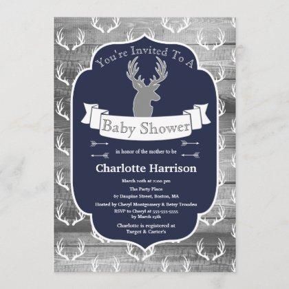 Modern Rustic Navy Deer & Gray Wood Baby Shower Invitation