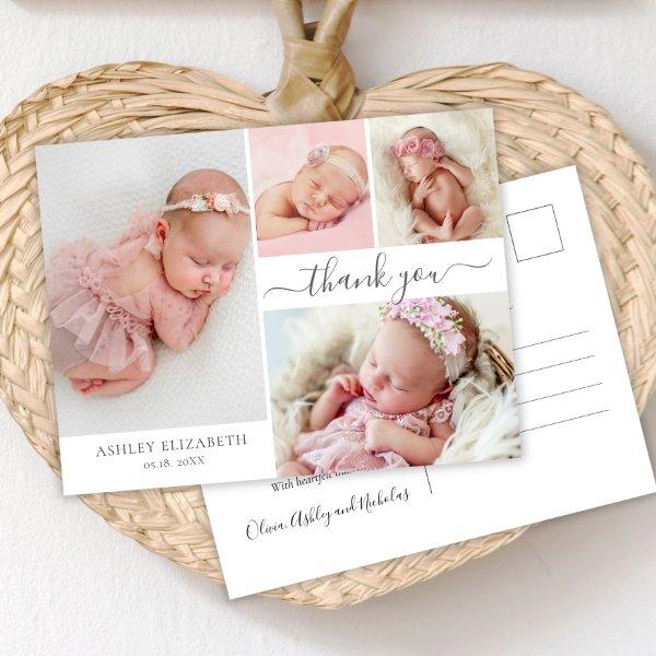 Modern Script 4 Photo Collage Baby Thank You  Postcard