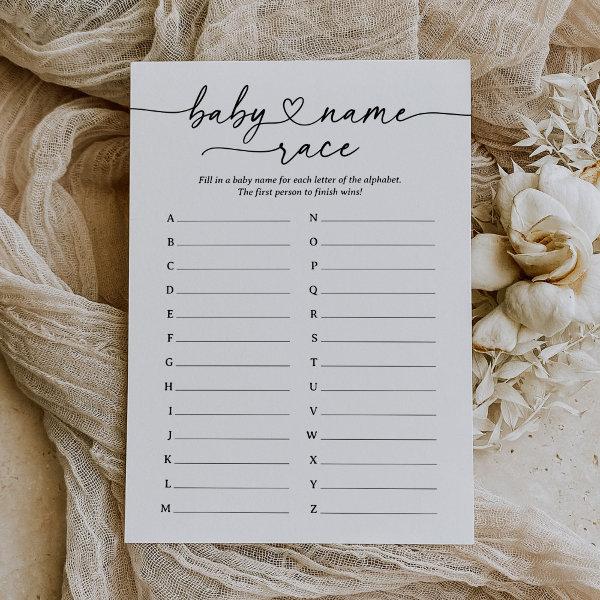 Modern Script Baby Name Race Baby Shower Game