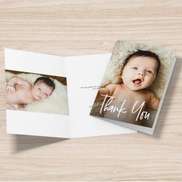 Modern Script Custom Baby Shower Photos Thank You Card