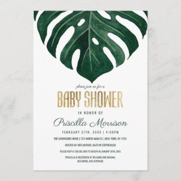 Modern Tropical Swiss Cheese Leaf Gold Baby Shower Invitation
