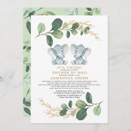 Modern Twin Elephant Greenery Baby Shower By Mail Invitation