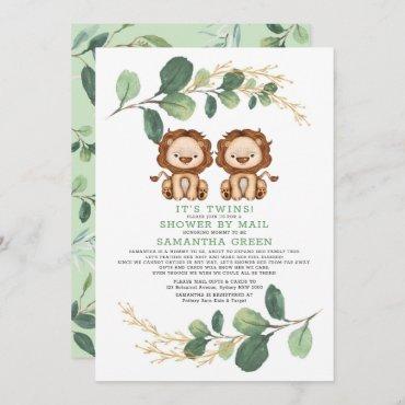 Modern Twin Lion Greenery Gold Baby Shower By Mail Invitation
