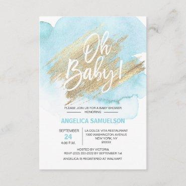 Modern Watercolor Blue Gold Oh Baby Shower 3.5x5" Invitation