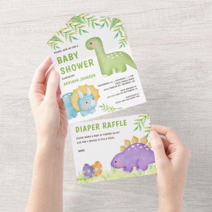Modern Watercolor Cute Little Dinosaur Baby Shower All In One