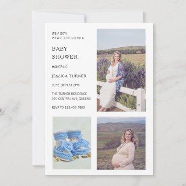 Modern White Photo Collage Boy Baby Shower Invitation