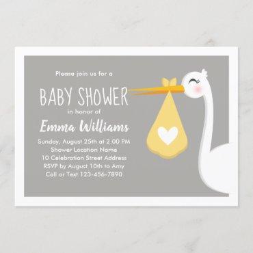 Modern Yellow Gray Stork Bird  | Cute Baby Shower Invitation