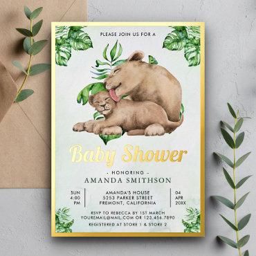 Mommy and Baby Lion Cub Jungle Baby Shower Gold Foil