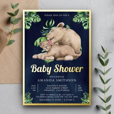 Mommy Baby Lion Cub Jungle Navy Baby Shower Gold Foil