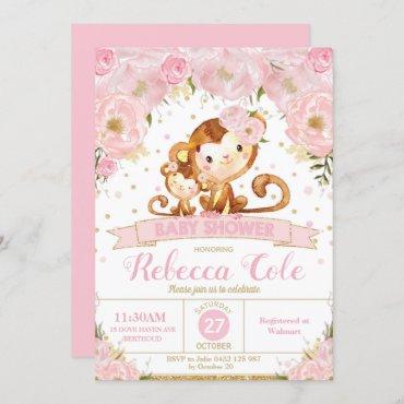 Monkey Floral Baby Shower Invitation Girl