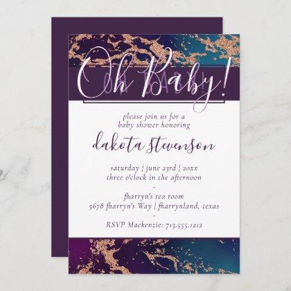 Moody Marble | Purple Teal Copper Oh Baby Shower Invitation
