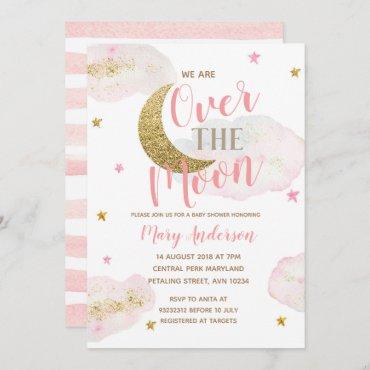 Moon and Stars Watercolor Pink Gold Baby Shower Invitation