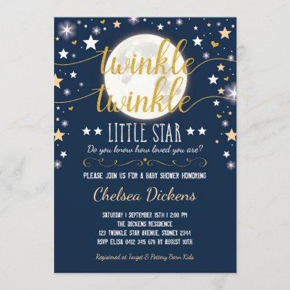 Moon Baby Shower Twinkle Little Star Navy Gold Invitation