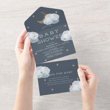 Moon Star & Cloud Navy Blue Book Baby Shower All In One Invitation