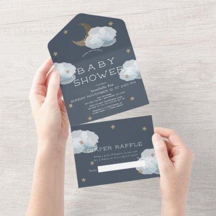 Moon Star & Cloud Navy Blue Diaper Baby Shower All In One Invitation