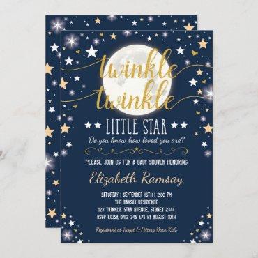 Moon & Stars Baby Shower Navy Gold Twinkle Twinkle Invitation