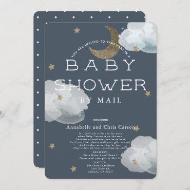 Moon, Stars & Clouds Navy Baby Shower by Mail Invitation