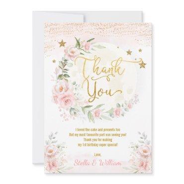 Moon & Stars Girl Birthday Blush Pink Gold Floral  Thank You Card