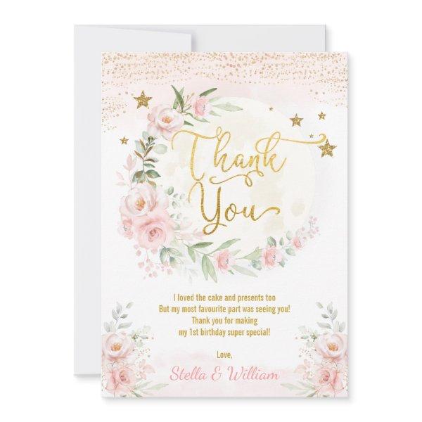 Moon & Stars Girl Birthday Blush Pink Gold Floral  Thank You Card