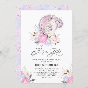 Mother and Baby Unicorn It's a Girl Baby Shower Invitation