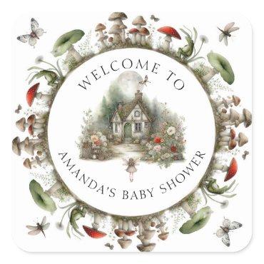 Mushrooms Fairy Floral Welcome Baby Girl Shower Square Sticker