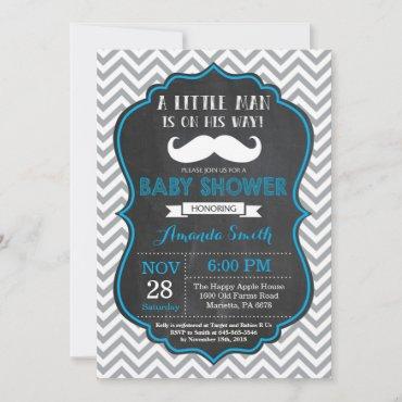 Mustache Baby Shower Invitation Blue and Gray