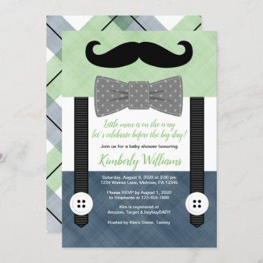 mustache baby shower invitation green navy bow tie