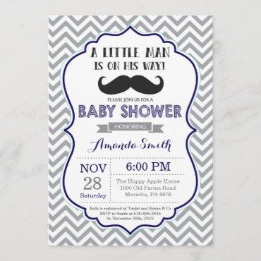 Mustache Baby Shower Invitation Navy Blue and Gray